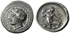 The M.L. Collection of Coins of Magna Graecia and Sicily Naxos Hemidrachm circa 420, AR 2.05 g. ASSINO - S Ivy-wreathed head of river god Assinos l. Rev. NAXI – ON Silenus squatting facing, head l., h