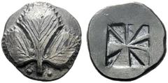 The M.L. Collection of Coins of Magna Graecia and Sicily Selinus Didrachm circa 530-500, AR 7.12 g. Selinon leaf; at base of stem, two pellets. Rev. Incuse mill sail pattern. SNG Ashmolean 1888. SNG A