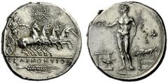 The M.L. Collection of Coins of Magna Graecia and Sicily Selinus Tetradrachm circa 409, AR 17.38 g. Fast quadriga driven r. by Nike; above, wreath and in exergue, SELINONTION / ear of barley. Rev. The