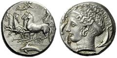 The M.L. Collection of Coins of Magna Graecia and Sicily Syracuse Tetradrachm signed by Eukleidas circa 405-400, AR 17.26 g. Fast quadriga driven l. by chiton -clad charioteer, holding kentron and rei