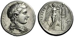 The M.L. Collection of Coins of Magna Graecia and Sicily Syracuse Tetradrachm, 310-305 under Agathocles (2nd period), AR 17.03 g. KOPAS Head of Kore-Persephone r., wearing barley wreath, earring with 