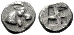 The J. FALM Collection: Miniature Masterpieces of Greek Coinage depicting Animals Aegae Obol (?) circa 510-490, AR 0.31 g. Goat’s head r. Rev. Quadripartite incuse square. SNG Ashmolean 2232. Demeeste