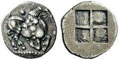 The J. FALM Collection: Miniature Masterpieces of Greek Coinage depicting Animals Aegae Trihemiobol circa 510-480, AR 1.02 g. Goat kneeling r., looking backwards; in field, two pellets. Rev. Quadripar