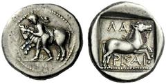 The J. FALM Collection: Miniature Masterpieces of Greek Coinage depicting Animals Thessaly, Larissa Drachm circa 465-440, AR 6.00 g. Thessalos, with chlamys and petasus over shoulders, holding by the 
