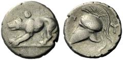 The J. FALM Collection: Miniature Masterpieces of Greek Coinage depicting Animals Argolis, Argos Trihemiobol circa 260-250, AR 1.14 g. Wolf poised l.; above, Θ. Rev. Π – Y flanking crested Corinthian 