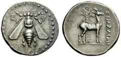 The J. FALM Collection: Miniature Masterpieces of Greek Coinage depicting Animals Ephesus Drachm circa 202-133, AR 4.12 g. E – Φ Bee seen from above. Rev. ΣIMAΛIΩN Stag standing r.; behind, palm tree.