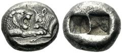 The J. FALM Collection: Miniature Masterpieces of Greek Coinage depicting Animals Lydia, time of Croesus and later circa 560-520 1/3 stater, Sardis circa 560-520, AR 3.45 g. Confronted foreparts of li