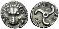 The J. FALM Collection: Miniature Masterpieces of Greek Coinage depicting Animals Lycia, Pericles 1/3 stater circa 380-362, AR 3.05 g. Lion’s scalp facing. Rev. PEK – Lá – Πá Triskeles. von Aulock 425