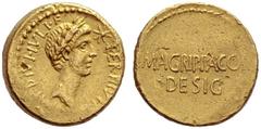The Collection of Roman Republican Coins of a Student and his Mentor Part III Octavianus with M. Agrippa. Aureus, mint moving with Octavian 38 BC, AV 8.10 g. IMP·DIVI·IVLI·F· TER·III·VIR·R·P·C Laureat