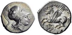Greek Coins Syracuse Corinthian stater circa 317-310, AR 8.25 g. Head of Athena r., wearing crested Corinthian helmet decorated with griffin on bowl. Rev. ΣΥΡAKOΣI – ΩN Pegasus flying l.; beneath, tri