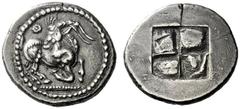 Greek Coins Mygdonians or Krestonians Stater circa 485-480, AR 8.88 g. Goat kneeling r., head reverted; above, dotted Θ. Rev. Quadripartite incuse square. AMNG III/2, 4 (Aegae). Asyut 150 (Aegae). Ros