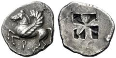 Greek Coins Corinthia, Corinth Stater circa 560, AR 8.38 g. Pegasus flying l.; below, qoppa. Rev. Mail sail pattern incuse. ACGC 220. Ravel 19 (this coin). BCD Korinth –. An exceedingly rare issue kno