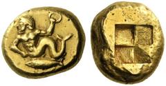 Greek Coins Mysia, Cyzicus Stater circa 500-450, EL 15.98 g. Triton swimming l., holding wreath in l. hand; below, tunny. Rev. Quadripartite incuse square. von Fritze 126 (this obverse die). SNG von A
