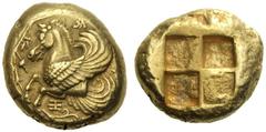 Greek Coins Lampsacus Stater circa 412, EL 14.93 g. Forepart of Pegasus l.; below, monogram. All within vine wreath. Rev. Quadripartite incuse square. Rosen 523. Baldwin 12. SNG France 1112 (these die
