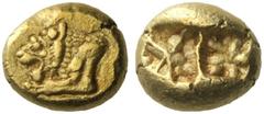 Greek Coins Lydia, Uncertain mint Hecte mid 6th century BC, AV 2.34 g. Forepart of lion l. Rev. Bipartite rectangular punch with floral pattern. Weaidauer –, cf. 128. Spier, Essays Price 9a (this coin