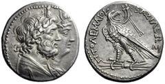 Greek Coins Ptolemy IV, 221 – 205 and posthumous issues Tetradrachm, Alexandria or Provincial mint 221-203, AR 14.20 g. Joined draped busts r. of Serapis, wreathed, and Isis, diademed. Rev. PTOLEMAIOU