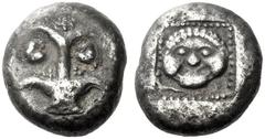 Greek Coins Cyrene Tetradrachm circa 525-480, AR 16.87 g. Silphium plant with four leaves and two fruits. Rev. Gorgoneion facing in dotted frame within shallow incuse square. BMC 10 and pl. II, 18. Pr
