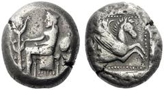 Greek Coins Cyrene Tetradrachm circa 520, AR 17.13 g. The city-goddess Cyrene, wearing stephane and a long chiton , seated l. on diphros , her r. hand reaching out to a plant of silphium ; behind, s i