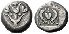 Greek Coins Cyrene Tetradrachm circa 495-475, AR 17.00 g. Silphium plant with four leaves two flowers and two fruits. Rev. Silphium fruit between two upright dolphins; all within shallow incuse square