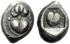 Greek Coins Cyrene Drachm circa 495-475, AR 4.16 g. Two silphium fruits set base to base, flanked above and below by a pellet. Rev. Silphium fruit within shallow incuse square. BMC 18. SNG Copenhagen 