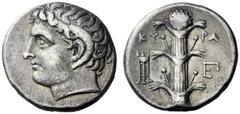 Greek Coins Cyrene Didrachm circa 308-277, AR 7.50 g. Head of Apollo Carneios l. Rev. KY – PA Silphium plant with four leaves; to l., tripod and to r., monogram. BMC 251. SNG Copenhagen 1242 var. Of l