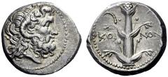 Greek Coins Cyrene Didrachm, Koinon issue circa 250, AR 7.79 g. Diademed of Zeus Ammon r. Rev. KOI – NON Silphium plant with four leaves; in upper l. field, ibex horn. BMC 1. SNG Copenhagen 1275. In e