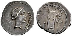 Roman Republican Coins Q. Caepio Brutus. Denarius, mint moving with Brutus 43-42, AR 3.77 g. LEIBERTAS Head of Libertas r. Rev. CAEPIO·BRVTVS·PRO·COS Plectrum , lyre and laurel branch tied with fillet