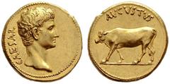 The Roman Empire Octavian as Augustus, 27 BC – 14 AD Aureus, uncertain mint after 27, AV 7.96 g. CAESAR Bare head r. Rev. AVGVSTVS Heifer, with head lowered, advancing l. Bahrfeldt 137. C 26. BMC 659.