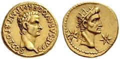 The Roman Empire Gaius, 37 – 41 Aureus, Lugdunum 37-38, AV 7.80 g. C CAESAR AVG GERM P M TR POT COS Bare head of Gaius r. Rev. Radiate head of Augustus or Tiberius r. between two stars. C 11. BMC 4. R