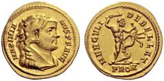 The Roman Empire Maximianus Herculius, 286 – 305 Aureus 293-294, AV 5.57 g. MAXIMIA – NVS P F AVG Bust r., wearing lion’s skin. Rev. HERCVLI – DEBELLAT Hercules standing r., about to strike the hydra 