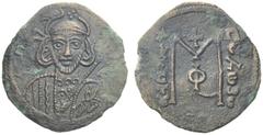 The Byzantine Empire Tiberius III, Apsimar 698 - 705 40 Nummi, uncertain mint 698-705, Æ 6.12 g. Bearded and cuirassed bust facing, wearing crown with cross on circlet and holding spear before body an