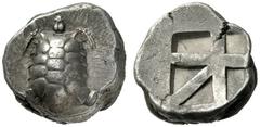 Greek Coins Aegina, Aegina Stater circa 456-431, AR 12.31 g. Turtle seen from above. Rev. Skew pattern incuse. Milbank pl. II, 12. SNG Copenhagen 516. Struck in high relief and about extremely fine Ex