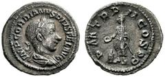 The Roman Empire Gordian augustus III 238 – 244 Quinarius March-May 240, AR 1.10 g. Laureate and draped bust r. Rev. Gordian standing l., holding patera and sacrificing over altar. C 215. RIC 76. King
