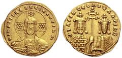 The Byzantine Empire Basil II Bulgaroctonos, 976 –1025, with Constantine VIII, co-emperor throughout the reign Histamenon 989-1001, AV 4.43 g. Facing bust of Christ, nimbate, raising r. hand in benedi