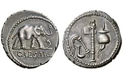 Imperatorial Issues Julius Caesar. Denarius, Gallia Narbonensis and Hispania Citerior 49, AR 3.86 g. Elephant trampling serpent r.; in exergue, CAESAR. Rev. Culullus , Aspergillum , apex and axe with 