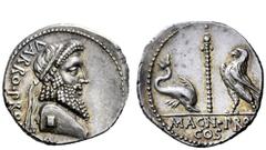 Imperatorial Issues Cn. Pompeius Magnus and Terentius Varro. Denarius, mint moving with Pompey on Illyrian coast, Dyrrachium or a camp mint near Dyracchium in 49, AR 3.89 g. VARRO·PRO·[Q] Bust of Jupi