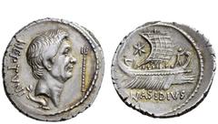 Imperatorial Issues Sextus Pompeius and Q. Nasidius. Denarius, mint moving with Sextus Pompey in Sicily in 44-43 or 42-38, AR 3.81 g. NEPTVNI Bare head of Cn. Pompeius Magnus r.; before, trident and b
