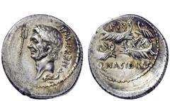 Imperatorial Issues Sextus Pompeius and Q. Nasidius. Denarius, mint moving with Sextus Pompey in Sicily in 44-43 or 42-38, AR 3.80 g. NEPTVNI Bare head of Cn. Pompeius Magnus l.; before, trident and b