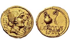 Imperatorial Issues C. Cassius Longinus with Lentulus Spinther. Aureus, mint moving with Cassius (probably Smyrna) 43-42, AV 8.21 g. C·CASSI·IMP – LEIBERTAS Diademed bust of Libertas r., wearing neckl