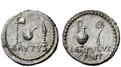 Imperatorial Issues C. Cassius and Brutus with Lentulus Spint. Denarius, mint moving with Brutus and Cassius 43-42, AR 3.63 g. BRVTVS Simpulum between sacrificial jug and knife. Rev. LENTVLVS / SPINT 