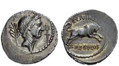 Imperatorial Issues L. Livineius Regulus. Denarius 42, AR 3.08 g. Laureate head of Caesar r.; behind, laurel branch and before, caduceus. Rev. L·LIVINEIVS / REGVLVS Bull charging r. Babelon Julia 57 a