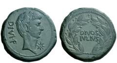 Imperatorial Issues Octavianus. Bronze, Italy 38, Æ 19.97 g. DIVI·F Bare head of Octavian r. with slight beard; below chin, eight-rayed star. Rev. DIVOS / IVLIVS within laurel wreath. Babelon Julia 10