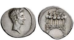 The Roman Empire Issues related to the Victory in the Battle of Actium Denarius, Brundisium or Rome Autumn 30-Summer 29 BC, AR 3.86 g. Bare head r. Rev. Triumphal arch surmounted by facing quadriga dr