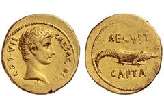 The Roman Empire Issues related to the Victory in the Battle of Actium Aureus, uncertain Eastern mint early-mid January 27 BC, AV 8.15 g. CAESAR DIVI F COS VII Bare head r.; below neck, small capricor