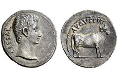 The Roman Empire Octavian as Augustus, 27 BC – 14 AD Denarius, Samos (?) circa 21-20 BC, AR 3.65 g. CAESAR Bare head r. Rev. AVGVSTVS Young bull standing r., head erect. C 28. BMC 663. RIC 475. CBN 94