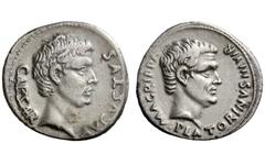 The Roman Empire Dynastic Issues of Augustus C. Sulpicius Plaetorinus. Denarius 13 BC, AR 3.81 g. CAESAR – AVGVSTVS Bare head of Augustus r. Rev. M AGRIPPA – PLATORINVS III VIR Bare head of Agrippa r.