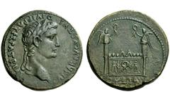 The Roman Empire Dynastic Issues of Augustus Sestertius, Lugdunum circa 9-14 AD, Æ 26.20 g. CAESAR AVGVSTVS DIVI F PATER PATRIAE Laureate head r. Rev. Front elevation of altar of Lugdunum: enclosure w