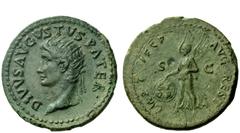 The Roman Empire Dynastic Issues of Augustus Divus Augustus . Dupondius 80-81 AD, Æ 14.31 g. DIVVS AVGVSTVS PATER Radiate head l. Rev. IMP T VESP AVG REST Victory striding l., holding shield in r. han