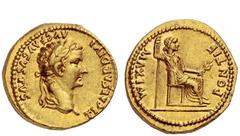 The Roman Empire Tiberius augustus, 14 – 37 Aureus, Lugdunum 14-37, AV 7.62 g. TI CAESAR DIVI – AVG F AVGVSTVS Laureate head r. Rev. PONTIF MAXIM Draped female figure (Livia as Pax) seated r. on chair