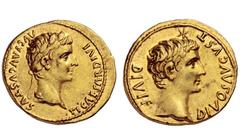 The Roman Empire Tiberius augustus, 14 – 37 Aureus, Lugdunum 14-16, AV 7.79 g. TI CAESAR DIVI – AVG F AVGVSTVS Laureate head of Tiberius r. Rev. DIVOS AVGVST – DIVI F Bare head of Augustus r., above, 